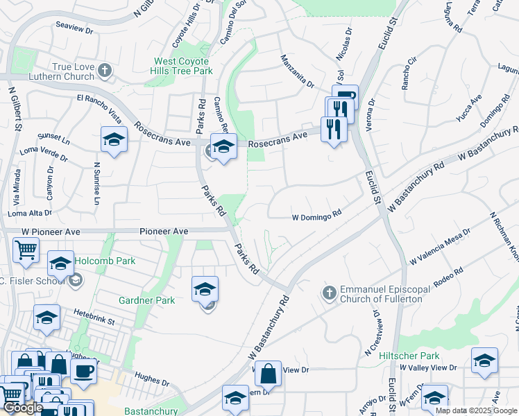 map of restaurants, bars, coffee shops, grocery stores, and more near 1710 West Las Lanas Lane in Fullerton