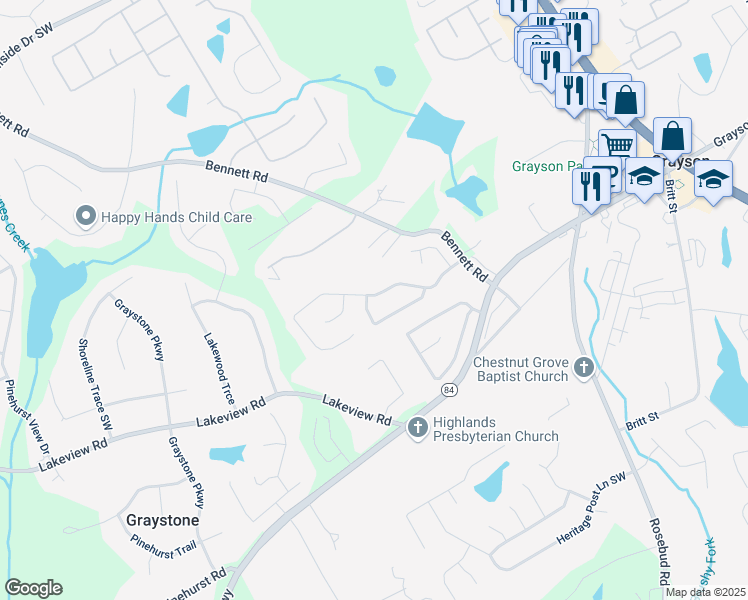 map of restaurants, bars, coffee shops, grocery stores, and more near 923 Windsor Creek Drive in Grayson