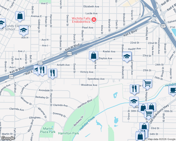 map of restaurants, bars, coffee shops, grocery stores, and more near 1714 Victory Avenue in Wichita Falls