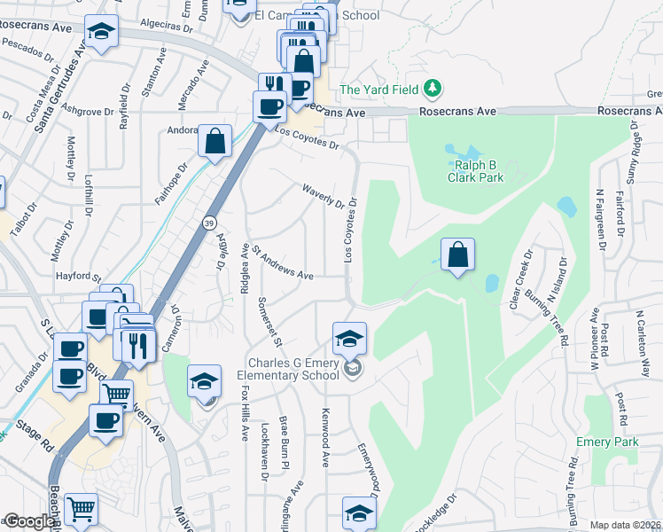 map of restaurants, bars, coffee shops, grocery stores, and more near 4900 Lincolnshire Avenue in Buena Park