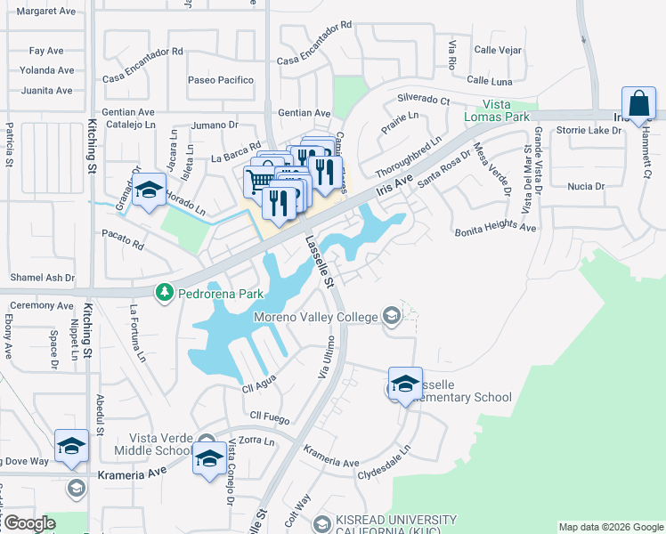 map of restaurants, bars, coffee shops, grocery stores, and more near 15868 Lasselle Street in Moreno Valley