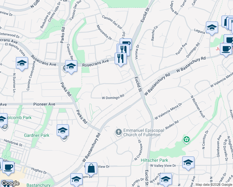 map of restaurants, bars, coffee shops, grocery stores, and more near 1509 Camino Loma in Fullerton