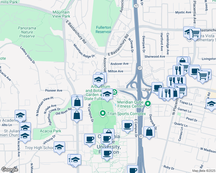 map of restaurants, bars, coffee shops, grocery stores, and more near 2601 Yorba Linda Boulevard in Fullerton