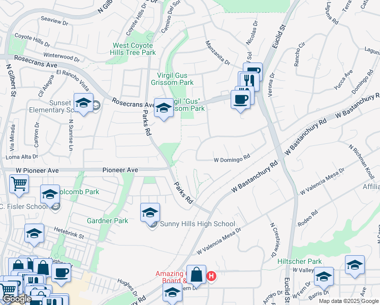 map of restaurants, bars, coffee shops, grocery stores, and more near 1710 West Las Lanas Lane in Fullerton