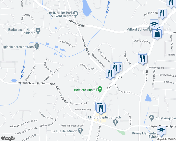 map of restaurants, bars, coffee shops, grocery stores, and more near 1110 Karastan Court Southwest in Marietta