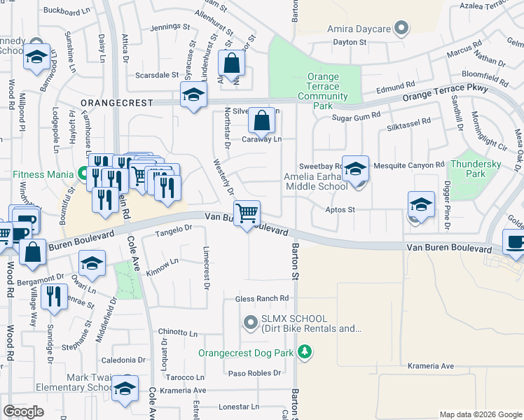 map of restaurants, bars, coffee shops, grocery stores, and more near 19966 Westerly Drive in Riverside