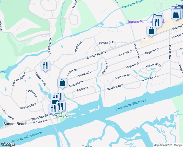 map of restaurants, bars, coffee shops, grocery stores, and more near 304 Dogwood Drive in Sunset Beach