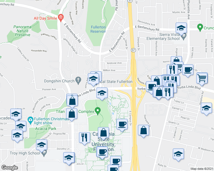 map of restaurants, bars, coffee shops, grocery stores, and more near 2601 Yorba Linda Boulevard in Fullerton