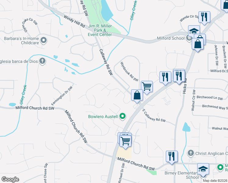 map of restaurants, bars, coffee shops, grocery stores, and more near 2640 Windage Drive Southwest in Marietta