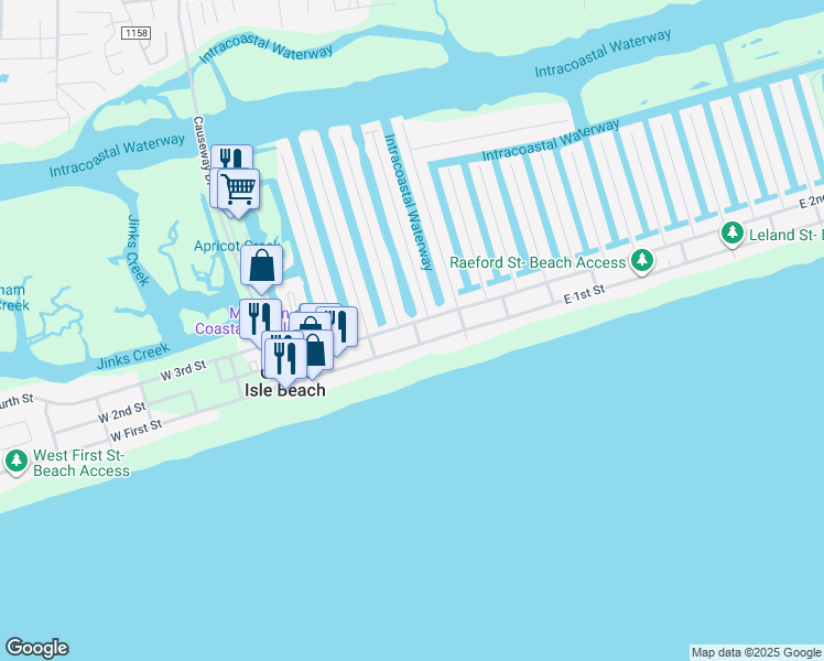 map of restaurants, bars, coffee shops, grocery stores, and more near 60 East 2nd Street in Ocean Isle Beach