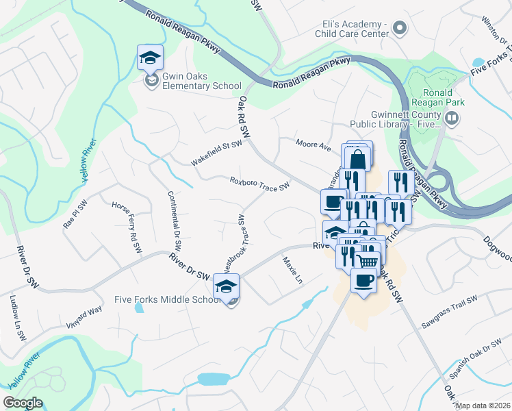 map of restaurants, bars, coffee shops, grocery stores, and more near 3122 Westbrook Trace Southwest in Lawrenceville