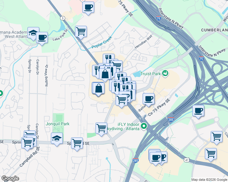 map of restaurants, bars, coffee shops, grocery stores, and more near 2610 Cobb Parkway Southeast in Smyrna