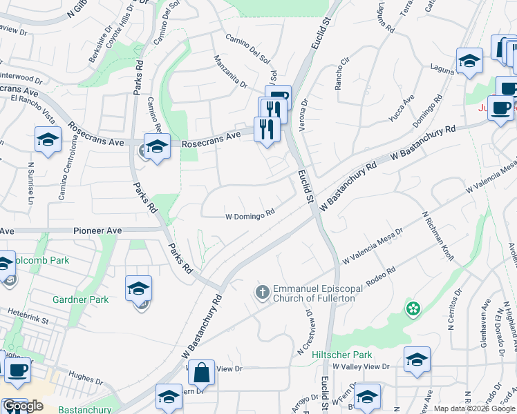 map of restaurants, bars, coffee shops, grocery stores, and more near 1509 Camino Loma in Fullerton