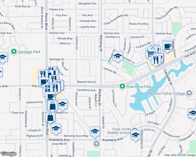 map of restaurants, bars, coffee shops, grocery stores, and more near 15776 Bluechip Circle in Moreno Valley
