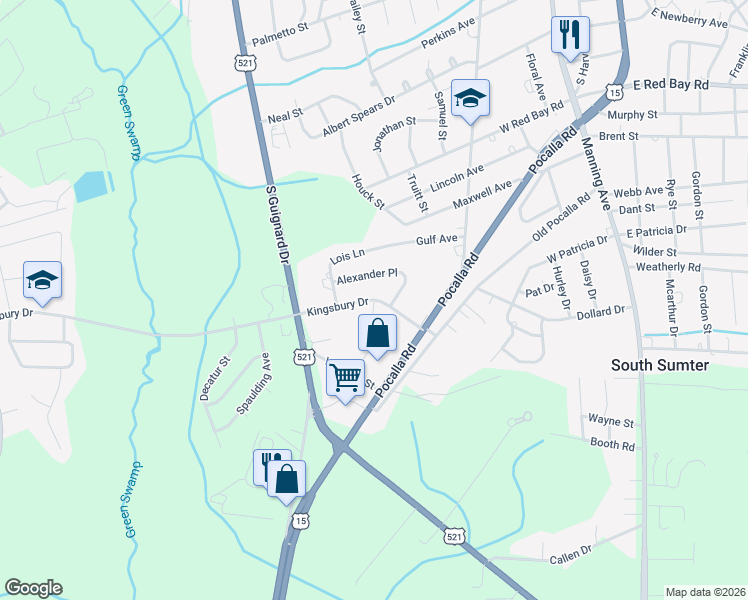 map of restaurants, bars, coffee shops, grocery stores, and more near 250 Kingsbury Drive in Sumter