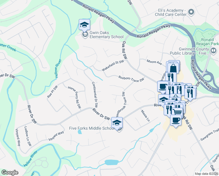 map of restaurants, bars, coffee shops, grocery stores, and more near 655 Westbrook Place Southwest in Lawrenceville
