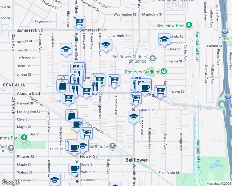 map of restaurants, bars, coffee shops, grocery stores, and more near Alondra Boulevard & Cornuta Avenue in Bellflower