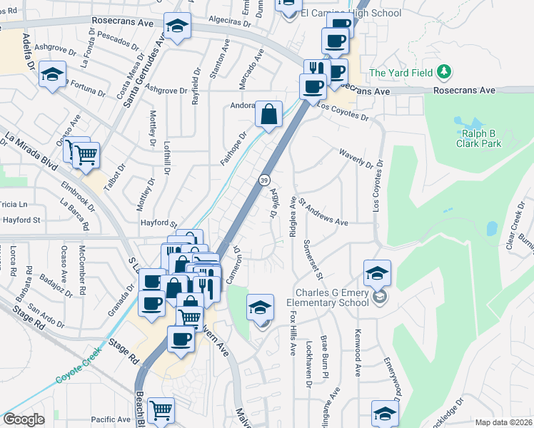 map of restaurants, bars, coffee shops, grocery stores, and more near 8197 Glasgow Green in Buena Park