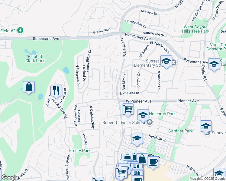 map of restaurants, bars, coffee shops, grocery stores, and more near 1559 Avenida Selva in Fullerton