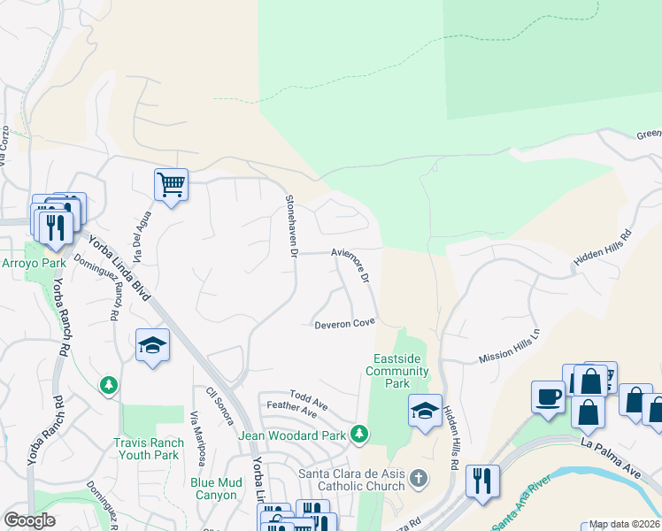 map of restaurants, bars, coffee shops, grocery stores, and more near 21845 Balantree Circle in Yorba Linda
