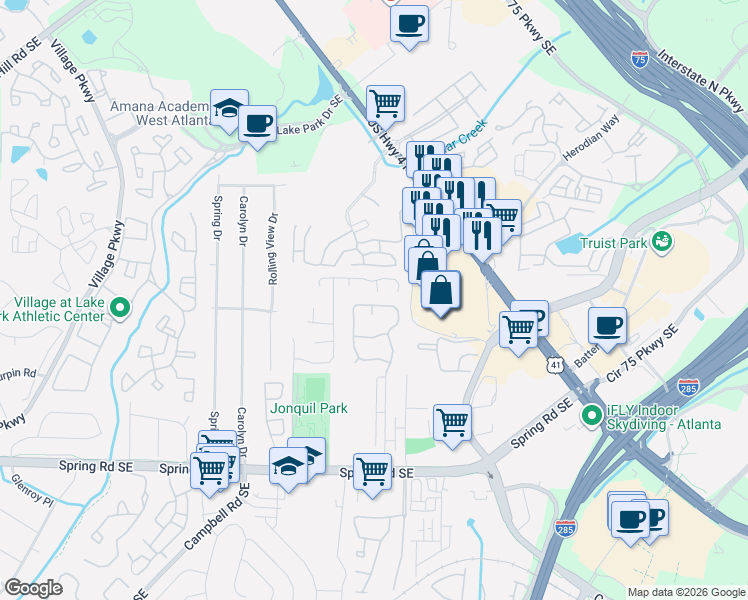 map of restaurants, bars, coffee shops, grocery stores, and more near 5130 Afton Way in Smyrna