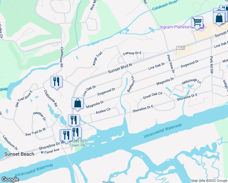 map of restaurants, bars, coffee shops, grocery stores, and more near 304 Dogwood Drive in Sunset Beach