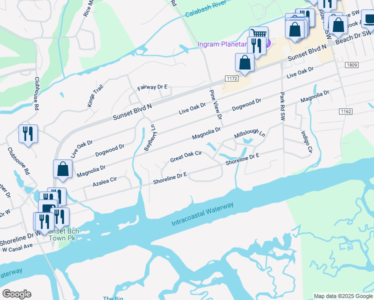 map of restaurants, bars, coffee shops, grocery stores, and more near 523 Great Oak Circle in Sunset Beach