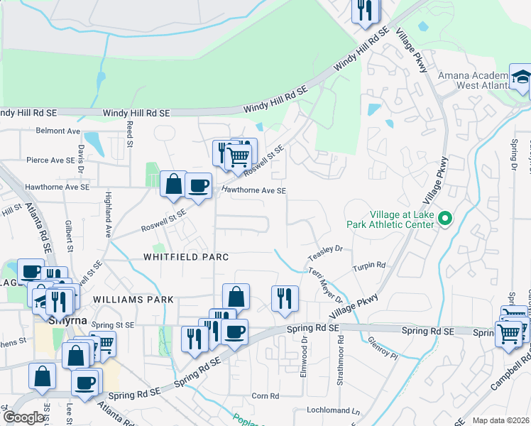 map of restaurants, bars, coffee shops, grocery stores, and more near 1471 Springleaf Circle Southeast in Smyrna