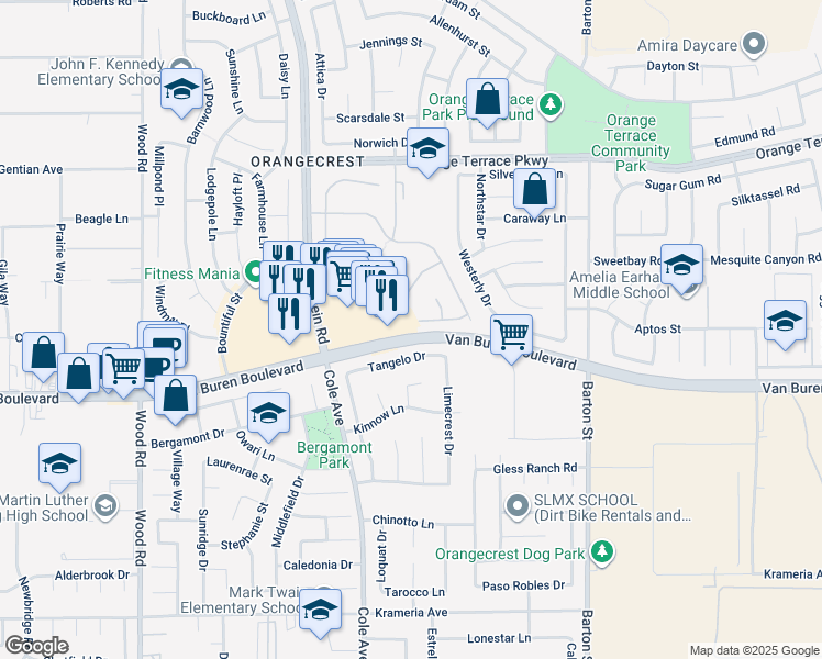 map of restaurants, bars, coffee shops, grocery stores, and more near 19602 Capital Peak Lane in Riverside