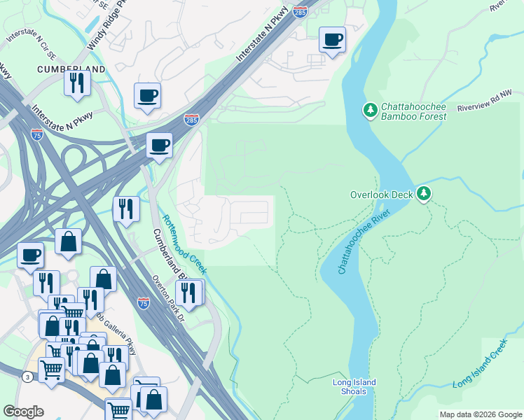 map of restaurants, bars, coffee shops, grocery stores, and more near 3543 Chattahoochee Summit Lane Southeast in Atlanta