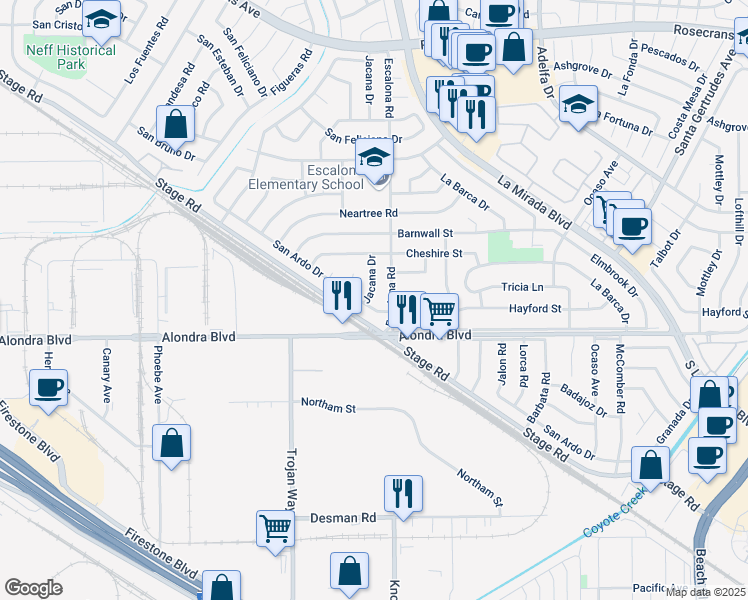 map of restaurants, bars, coffee shops, grocery stores, and more near 15554 Jacana Drive in La Mirada