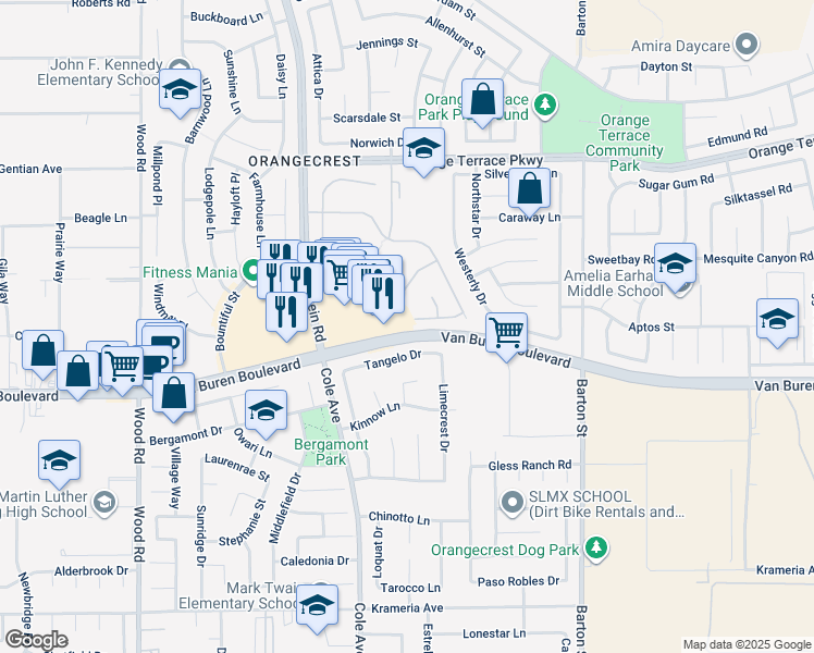 map of restaurants, bars, coffee shops, grocery stores, and more near 19602 Capital Peak Lane in Riverside