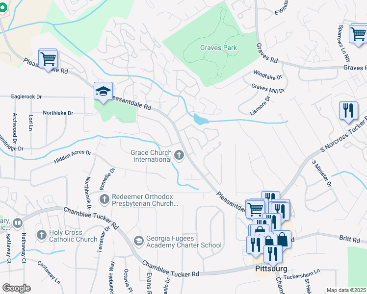 map of restaurants, bars, coffee shops, grocery stores, and more near 3461 Pleasantdale Road in Atlanta