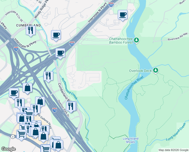 map of restaurants, bars, coffee shops, grocery stores, and more near 3543 Chattahoochee Summit Lane Southeast in Atlanta