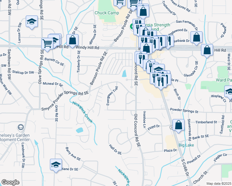 map of restaurants, bars, coffee shops, grocery stores, and more near 2615 Evergreen Drive Southeast in Smyrna