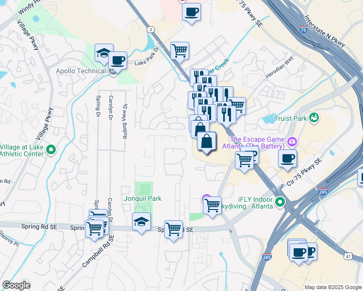 map of restaurants, bars, coffee shops, grocery stores, and more near 5110 Afton Way in Smyrna