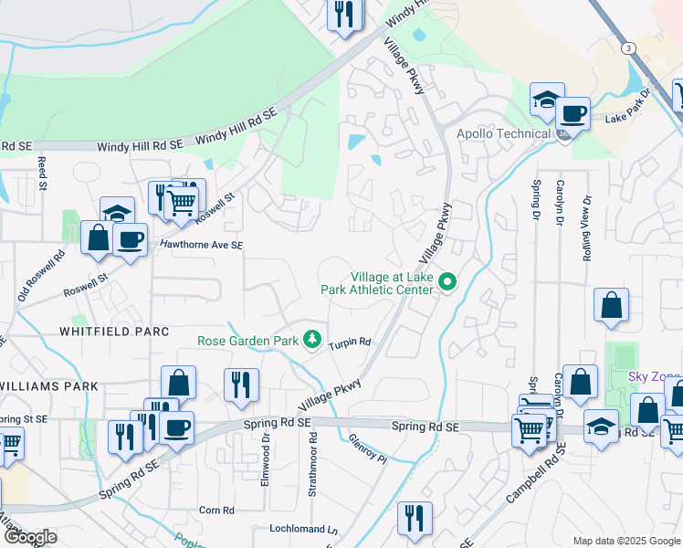 map of restaurants, bars, coffee shops, grocery stores, and more near 2610 Knoll Road Southeast in Smyrna
