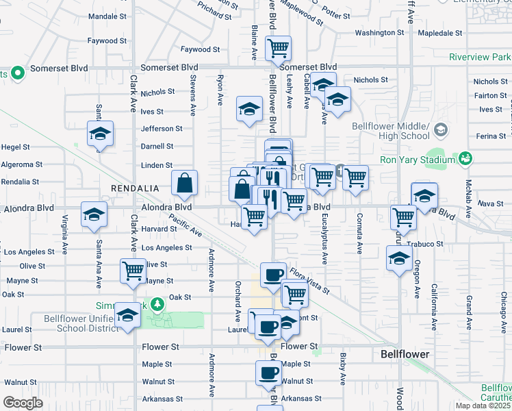 map of restaurants, bars, coffee shops, grocery stores, and more near 9727 Alondra Boulevard in Bellflower