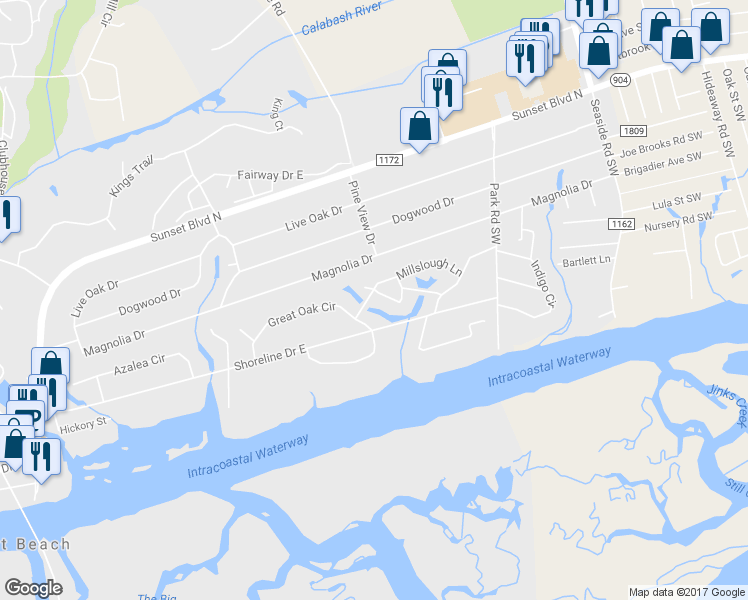 map of restaurants, bars, coffee shops, grocery stores, and more near 602 Triangle Court Southwest in Sunset Beach