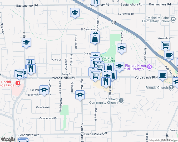 map of restaurants, bars, coffee shops, grocery stores, and more near 4930 Liverpool Street in Yorba Linda