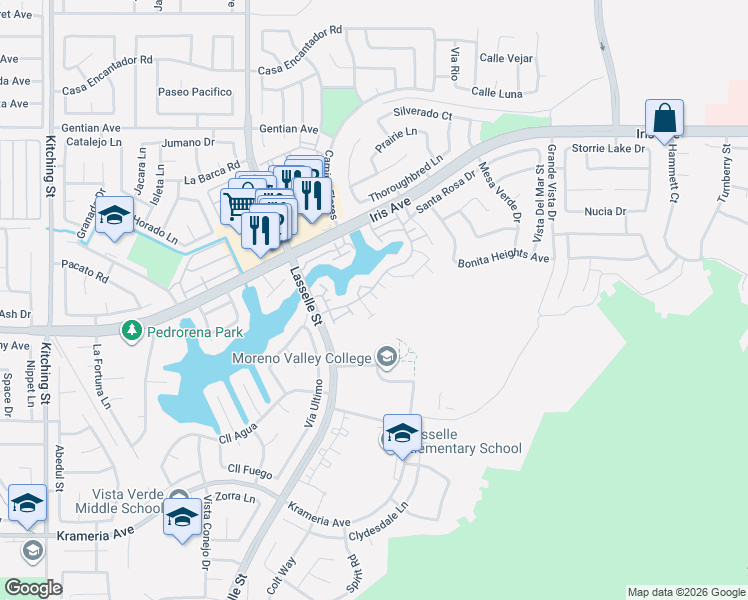map of restaurants, bars, coffee shops, grocery stores, and more near 15958 Lasselle Street in Moreno Valley