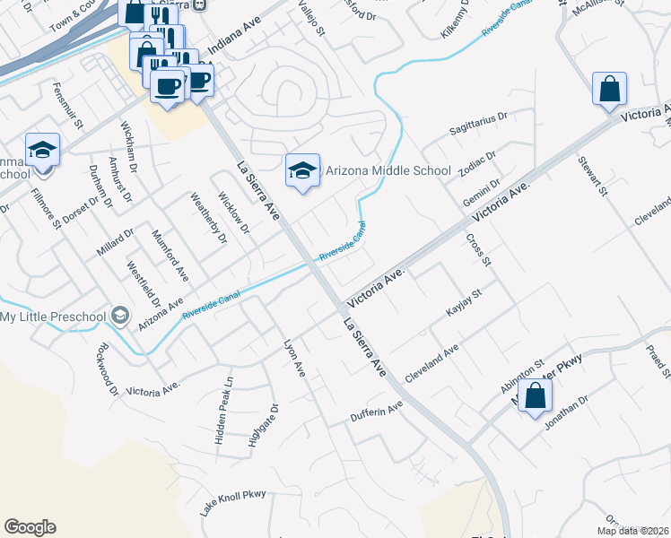 map of restaurants, bars, coffee shops, grocery stores, and more near 10984 Middleborough Road in Riverside