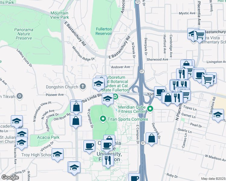 map of restaurants, bars, coffee shops, grocery stores, and more near 2601 Yorba Linda Boulevard in Fullerton