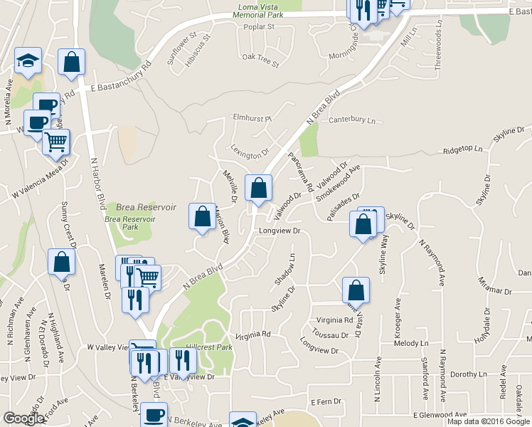 map of restaurants, bars, coffee shops, grocery stores, and more near 1840 North Brea Boulevard in Fullerton