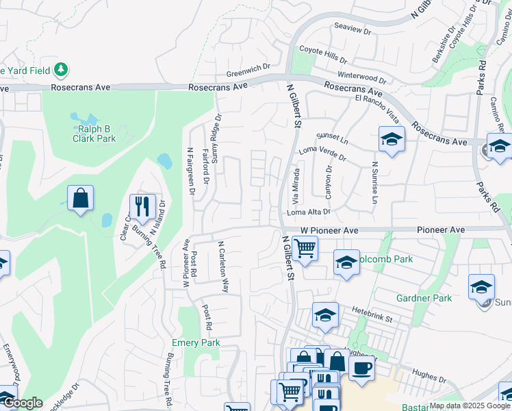 map of restaurants, bars, coffee shops, grocery stores, and more near 1559 Avenida Selva in Fullerton