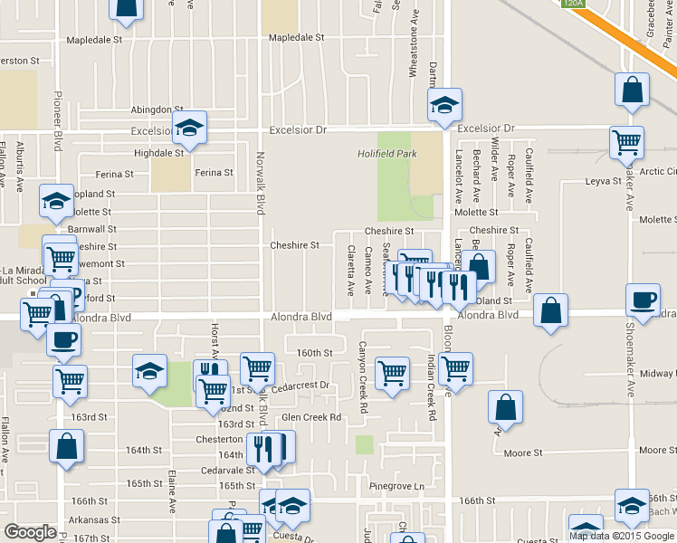 map of restaurants, bars, coffee shops, grocery stores, and more near 15617 Madris Avenue in Norwalk