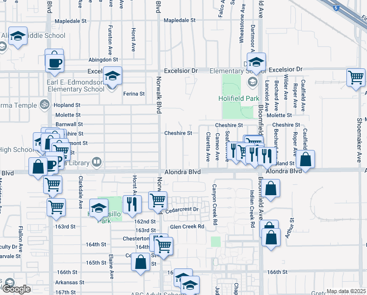 map of restaurants, bars, coffee shops, grocery stores, and more near 15531 Belshire Avenue in Norwalk