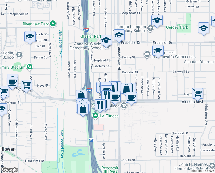 map of restaurants, bars, coffee shops, grocery stores, and more near 15519 Lefloss Avenue in Norwalk