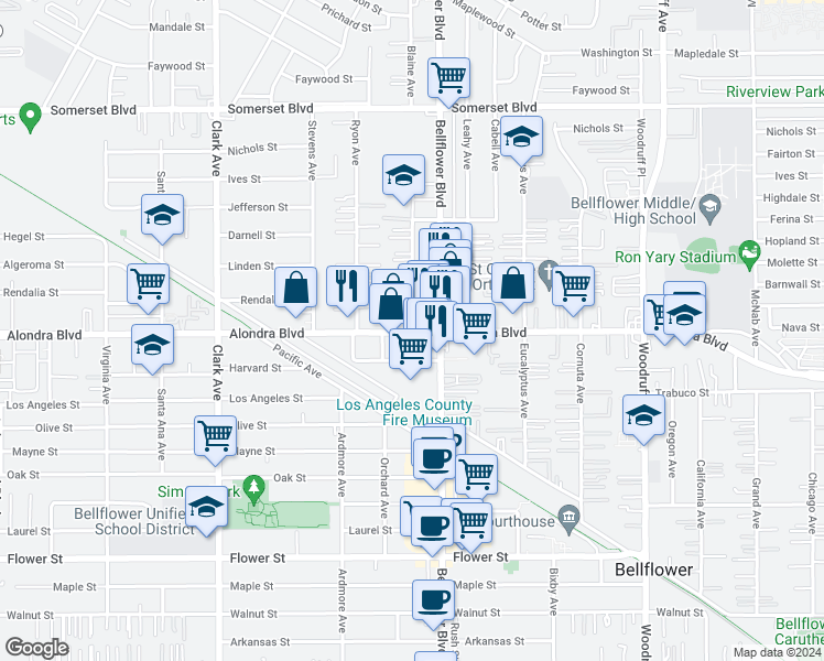 map of restaurants, bars, coffee shops, grocery stores, and more near 9727 Alondra Boulevard in Bellflower