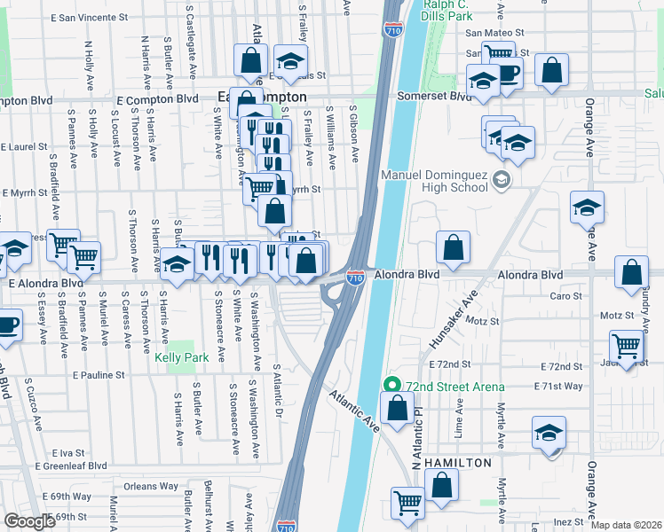 map of restaurants, bars, coffee shops, grocery stores, and more near 15810 South Frailey Avenue in East Compton